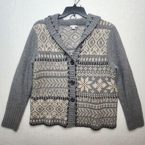 J. Jill Nordic Gray & Cream Hand-Embroidered Hooded Cardigan Women's Size Large.